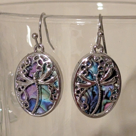 Dragonfly Dangle Hook Earrings Silvertone Abalone Shell - Picture 1 of 3